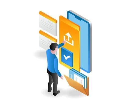 Man uploading data with smartphone Stock Illustration