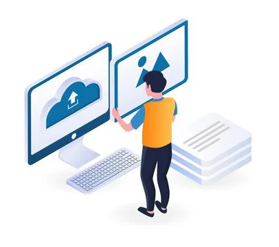Man uploading files with computer Stock Illustration