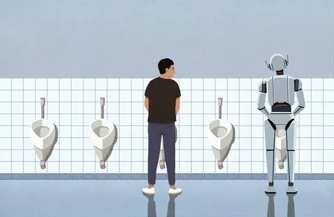 Man at urinal looking over at humanoid robot using urinal in bathroom Ilustración de archivo