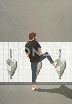 Man urinating with leg up on urinal Stock Illustration