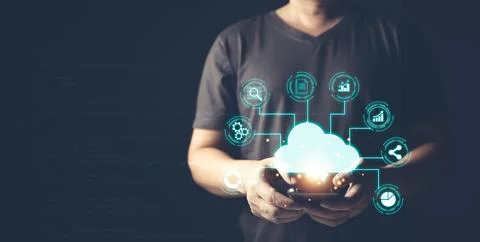 Man use cloud computing diagram show on hand.Data storage.the use of online.. Stock Photos