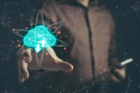 Man use cloud computing diagram show on smartphone.Data storage.the use of .. Stock Photos