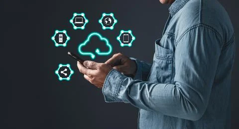 Man use cloud computing diagram show on hand.Data storage.the use of online.. Stock Photos