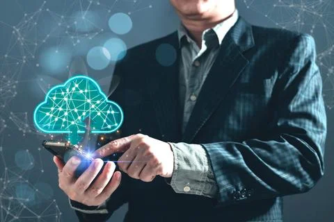 Man use cloud computing diagram show on smartphone.Data storage.the use of .. Stock-Fotos