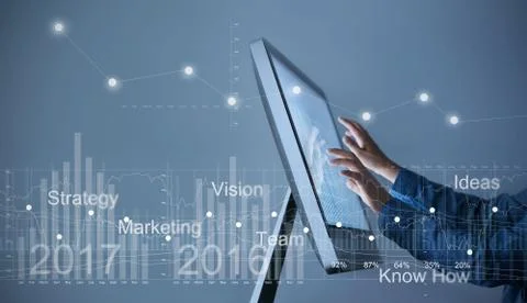 Man Use computer, businessman hand touch screen graph statistic interface 스톡 사진