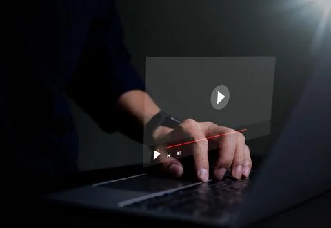 Man use computer for streaming online on virtual screen, watching video. Stock Photos
