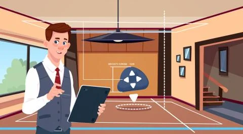 Man Use Digital Tablet App Of Smart Home Automation System Over Living Room Illustrazione stock