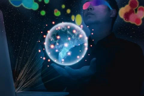 Man use global metaverse vr online security internet Stock Photos