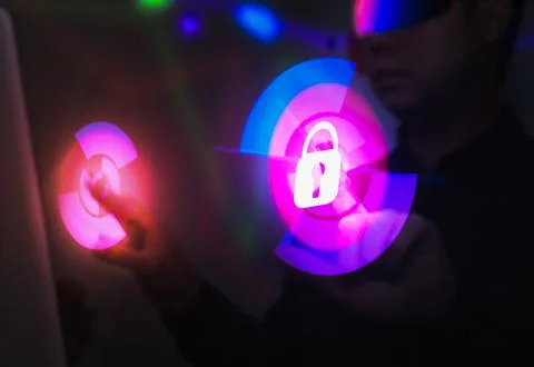 Man use global metaverse vr online security internet Stock Photos