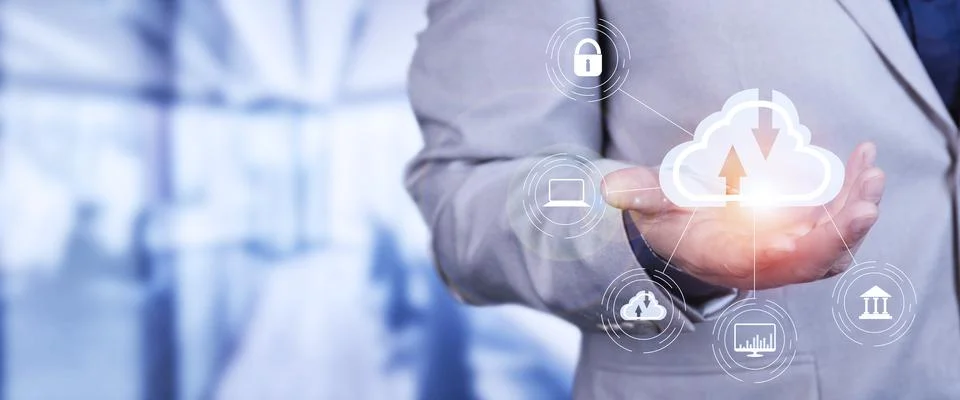 Man use Laptop with cloud computing diagram show on hand. Cloud technology. D Stock Photos