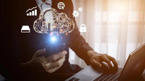 Man use Laptop with cloud computing diagram show on hand. Foto stock