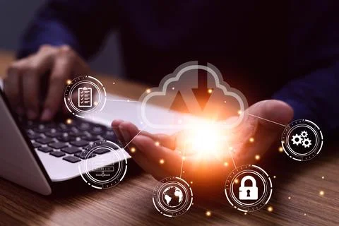 Man use Laptop with cloud computing diagram show on hand. Cloud technology... Stock Photos