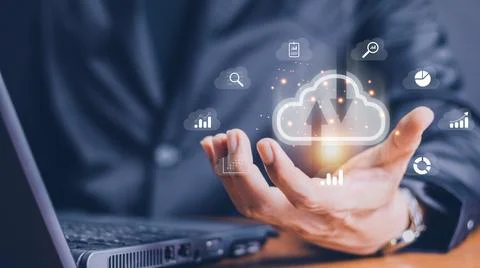 Man use Laptop with cloud computing diagram show on hand. Cloud technology... Stock Photos