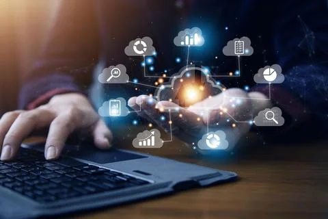 Man use Laptop with cloud computing diagram show on hand. Cloud technology... Foto stock