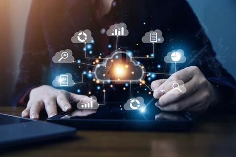 Man use Laptop with cloud computing diagram show on hand. Cloud technology... Stockfoto's