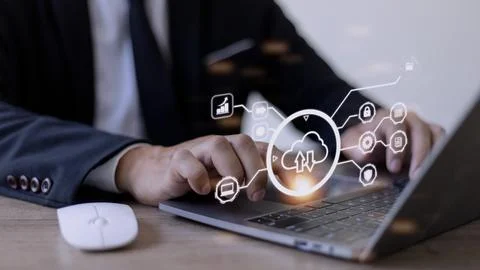 Man use Laptop with cloud computing diagram show on hand. Cloud technology... Fotos Stock