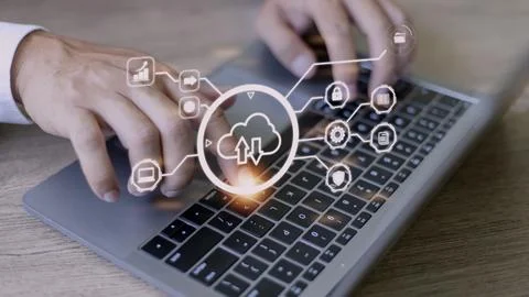 Man use Laptop with cloud computing diagram show on hand. Cloud technology... Fotos Stock