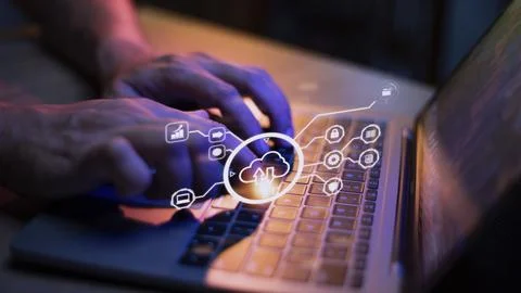 Man use Laptop with cloud computing diagram show on hand. Cloud technology... Fotos Stock