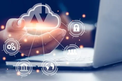 Man use a Laptop with a cloud computing diagram shown on hand. Cloud techno.. Fotos Stock