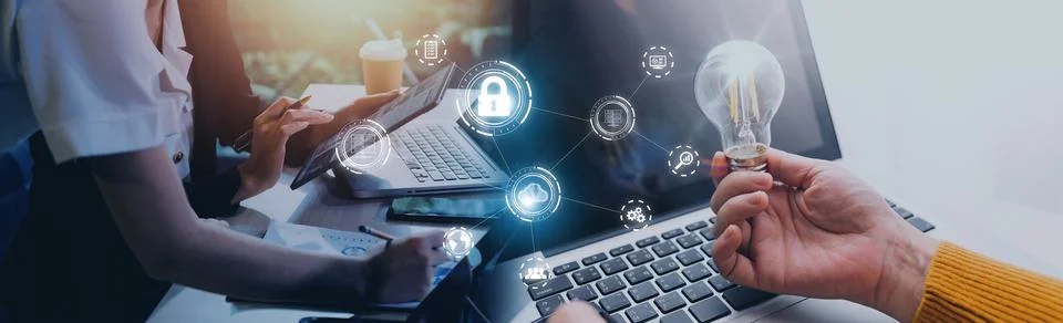 Man use Laptop with cloud computing diagram show on hand. Cloud technology... Stock Photos