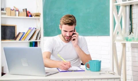 Man use modern technology. Improve knowledge. Web development and online Stock Photos