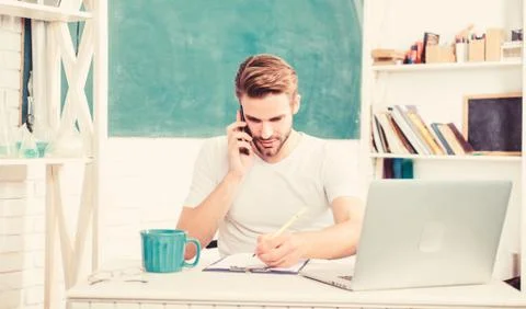Man use modern technology. Improve knowledge. Web development and online Stock Photos