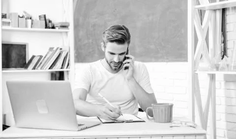 Man use modern technology. Improve knowledge. Web development and online Stock Photos
