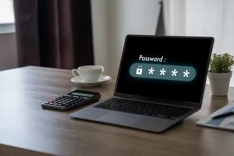Man use password secure access to user's personal information, information .. Stock Photos