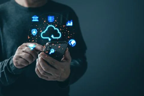 Man use smarphone cloud computing  system diagram. Data storage.Digital tec.. 写真素材