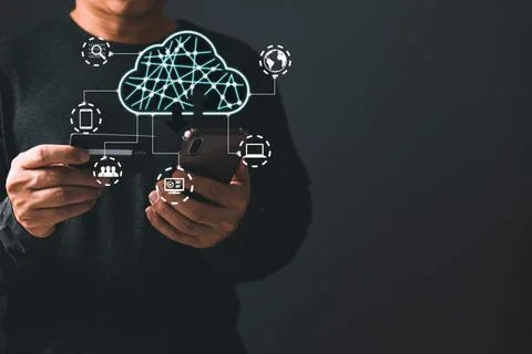Man use smartphone and cloud computing diagram show on screen.Data storage... Stock Photos
