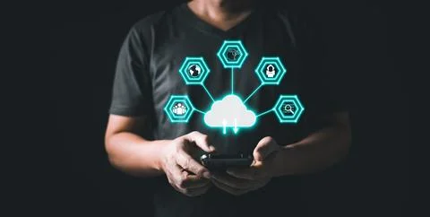 Man use smartphone cloud computing system diagram. Big data storage.Digital.. 写真素材