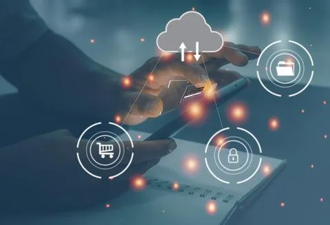Man use smartphone ,mobilephone with cloud computing diagram show on hand. Cl Stock Photos