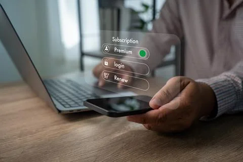 Man use subscription comparison visual SaaS pricing plan subscription upgra.. Stock Photos