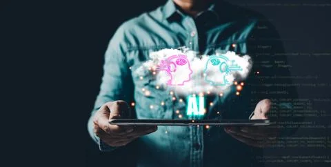 Man use tablet cloud computing system diagram. Big data storage.Digital Art.. Foto stock