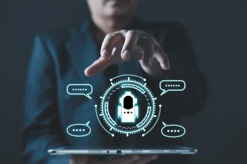 Man use tablet command prompt ai chat. Big data storage.Digital Artificial .. Stock Photos