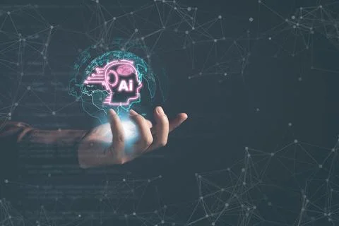 Man use tablet command prompt ai chat. Big data storage.Digital Artificial .. Stock Photos