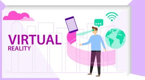 Man use vr technology concept. Vector illustration - man in virtual Stock Illustration