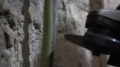 Man Used Circular Cutting Machine is Cut the Pipe with Lot of Sparks Stock Footage 68955280