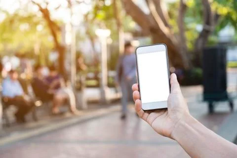 Man used mobile phone on the park, mock up on screen Stock Photos