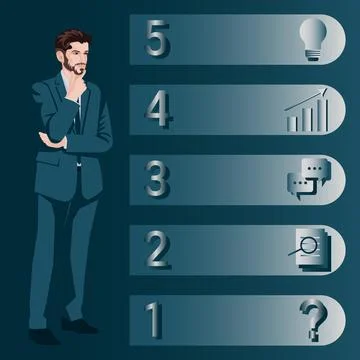 A man uses 5 steps to identify a problem. Flat Stock Illustration