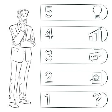 A man uses 5 steps to identify a problem. Sketch Stock Illustration