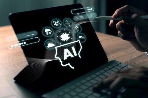 Man uses AI, machine learning, and artificial intelligence technology. chat.. Foto stock