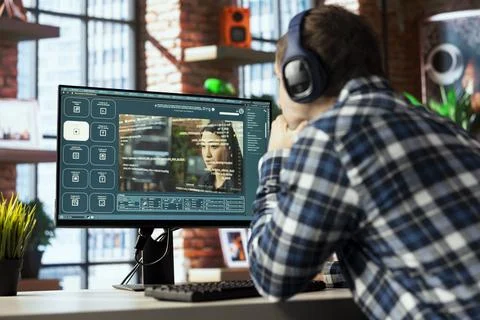 Man uses artificial intelligence for professional video creation Foto stock