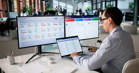 Man Uses Automated Software System On Laptop For Risk-based Auditing. Stockfoto's