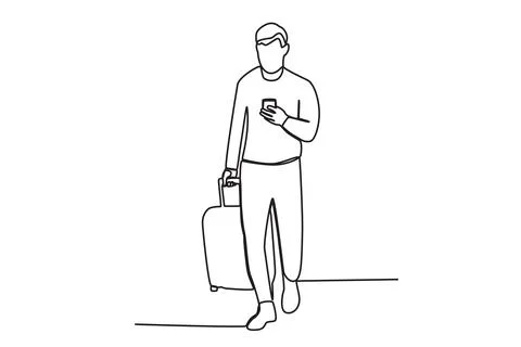 A man uses a cell phone while carrying a suitcase Stock Illustration