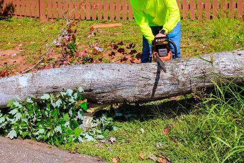 Man uses chainsaw to cut fallen tree in yard after strong tornado in reside.. Stock Photos