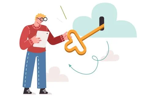 Man uses cloud technologies to store and process data, holds large key in hands Illustrazione stock