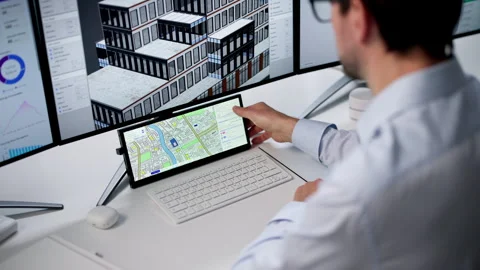 Man Uses Computer To Create Urban Map Stock Footage 335457928