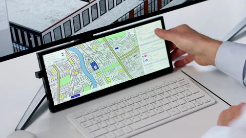 Man Uses Computer To Create Urban Map Stock Footage 335458599
