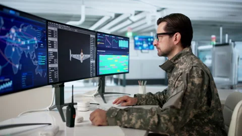 Man Uses Computer Design Software Controlling Drone Factory Stock Footage 334536531